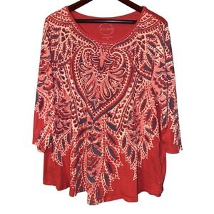 Lucky Brand Shirt Women 2X Red Paisley Boho Medallion Affliction Style Native